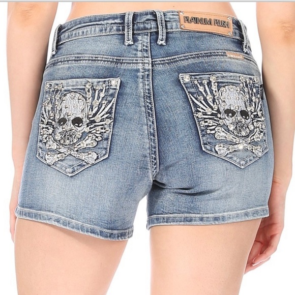 platnum plush Pants - 4" inseam,skull/bone stitch embellished in rhinestones on 5 pocket denim shots